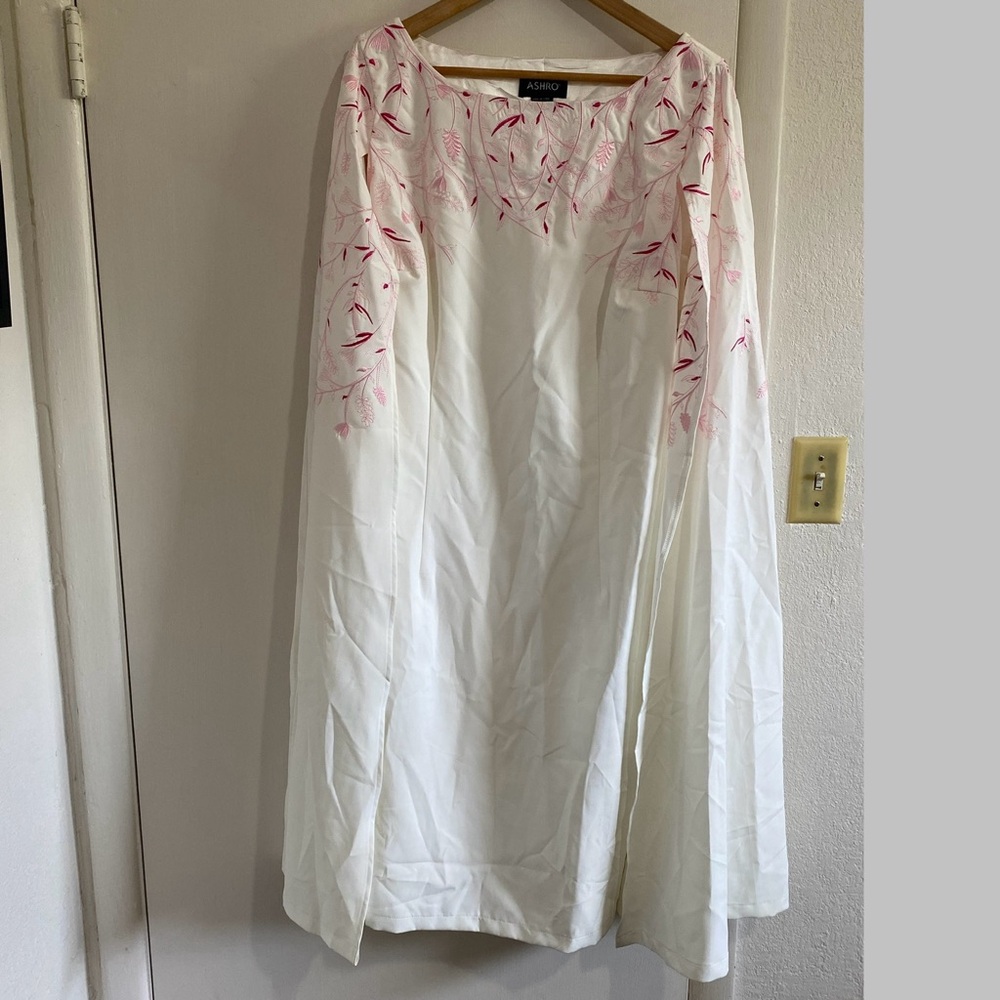 Ashro White‎ Embroidered Kaftan Midi Dress Women’s 16W Cape Sleeve Boho Elegant